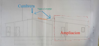 El techo nuevo arranca sobre una viga de hormigon  se apoya en otra en la pared final existente y avanza sobre la ampliacion con SF